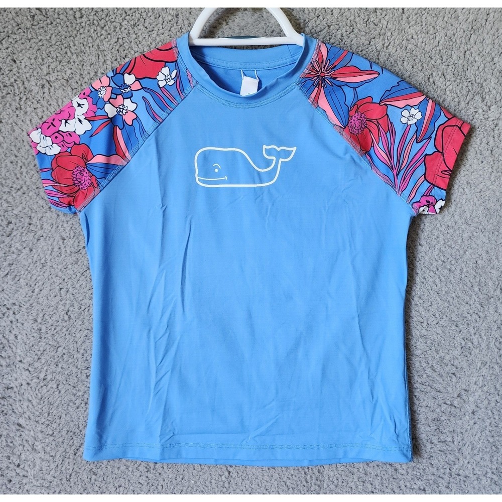 Vineyard Vines Rash Guard Girls L 14 Blue Floral Raglan Whale Logo Swim Shirt